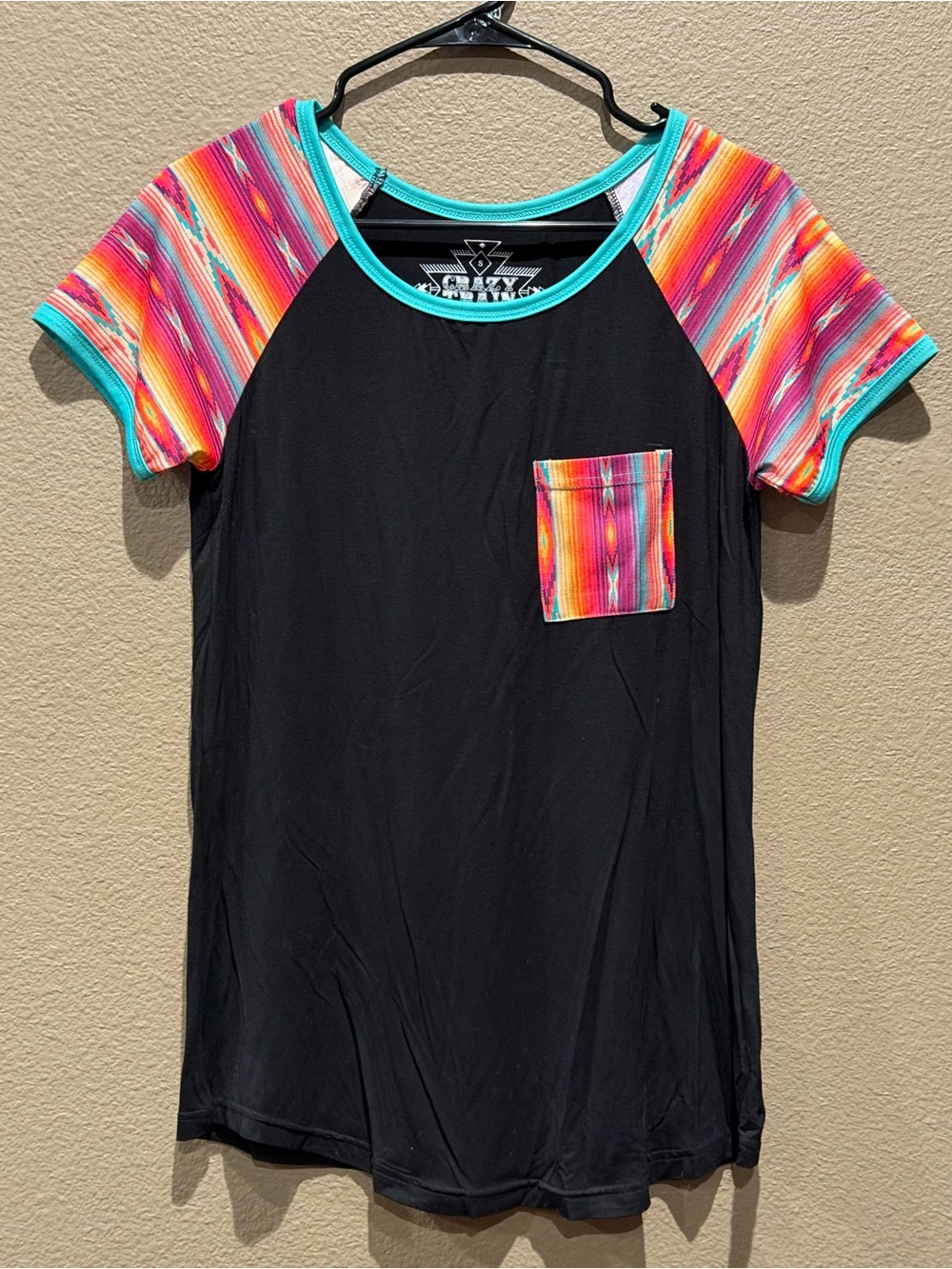 Crazy Train Black Tee with Multicolor Aztec Sleeves and Pocket
